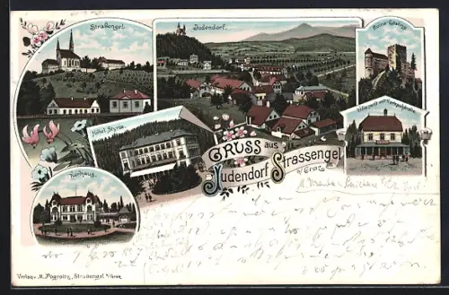 Lithographie Judendorf-Strassengel, Hotel Styria, Kurhaus, Ruine Göstling