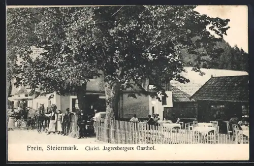 AK Frein /Steiermark, Christ. Jagersbergers Gasthof mit Garten
