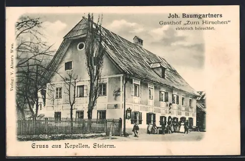 AK Kapellen /Steierm., Joh. Baumgartners Gasthof Zum Hirschen mit Gästen