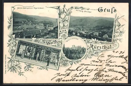 AK Wartberg /Mürztal, Tabak-Handlung Hans Krenn, Fabrik-Etablissement Vogel & Noot, Ruine Lichtenberg