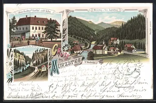 Lithographie Mürzsteg b. Neuberg, Alois Grabners Gasthof z. gold. Adler, Kais. Jagdschloss