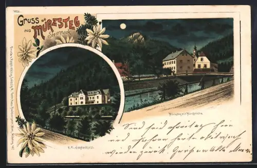 Mondschein-Lithographie Mürzsteg /Steiermark, K. K. Jagdschloss, Ortsansicht mit Brücke