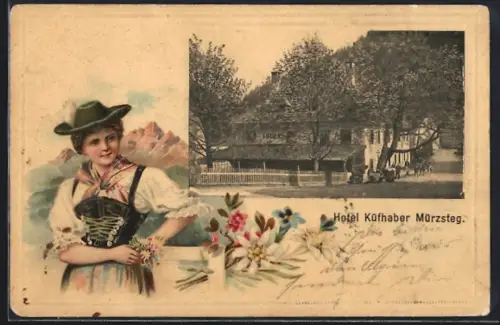 Passepartout-Lithographie Mürzsteg, Hotel Küfhaber im Rahmen, Dame in Tracht