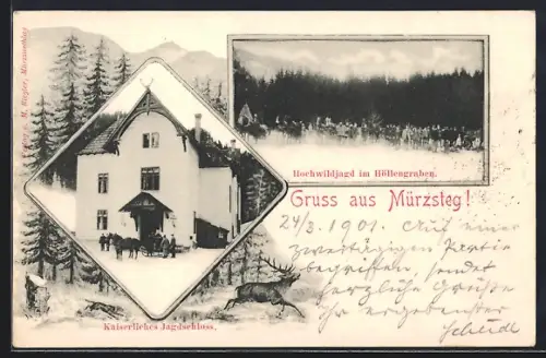 AK Mürzsteg, Kaiserliches Jagdschloss, Hochwildjagd im Höllengraben