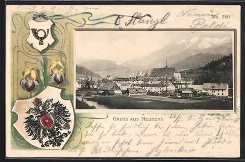 Passepartout-Lithographie Neuberg /Mürz, Ortspanorama verziert mit Blashorn und Wappen