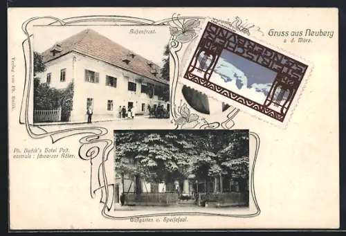 AK Neuberg a. d. Mürz, Ph. Budik`s Hotel Post, vormals Schwarzer Adler, Gastgarten und Speisesaal