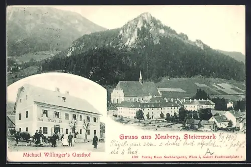 AK Neuberg /Steiermark, Michael Wilfingers Gasthof, Ortsansicht gegen die Berge