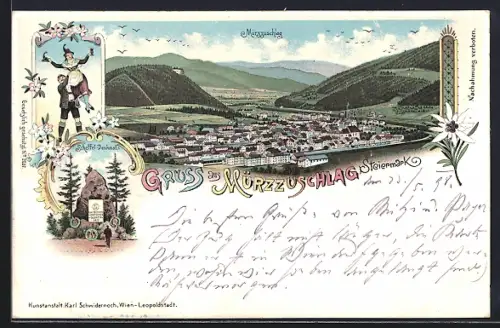 Lithographie Mürzzuschlag, Scheffel Denkmal, Gesamtansicht, Mann u. Frau in Tracht