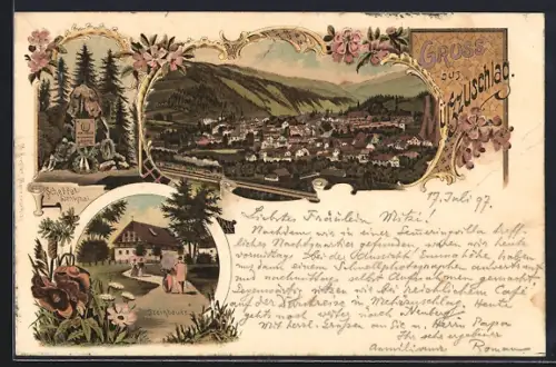 Lithographie Mürzzuschlag, Totalansicht, Scheffel-Denkmal, Steinbauer