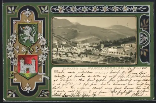 AK Mürzzuschlag, Ortspanorama, verschiedene Wappen