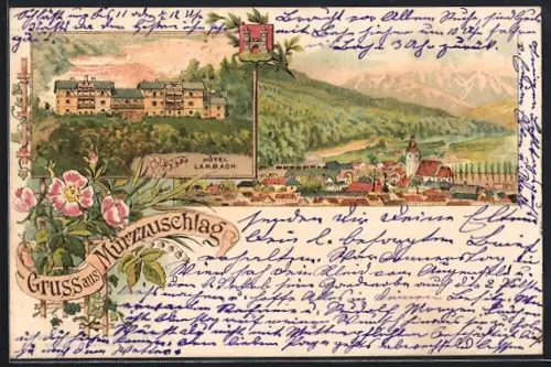 Lithographie Mürzzuschlag, Hotel Lambach, Ortsansicht aus der Vogelschau