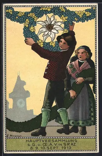 Künstler-AK sign. E. Wagner: Graz, Hauptversammlung der D. u. Ö.A.V. 1912, Paar in typischer Tracht