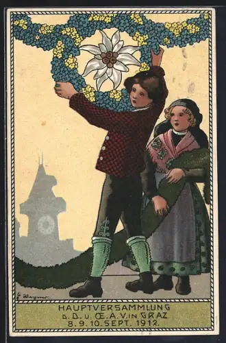 Künstler-AK sign. E. Wagner: Graz, Hauptversammlung der D. u. Ö.A.V. 1912, Paar in typischer Tracht