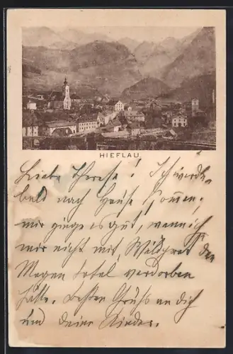 AK Hieflau, Ortsansicht mit Berglandschaft