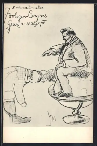 Künstler-AK Graz, Zoologen-Congress 1910, Mann sitzt auf einem Globus