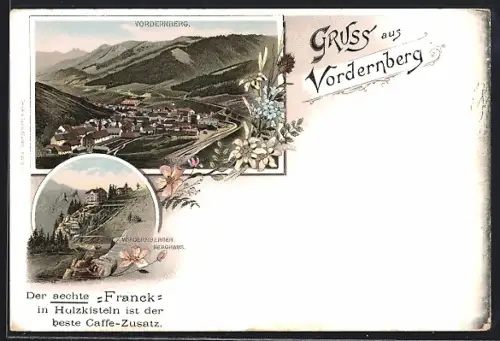 Lithographie Vordernberg, Berghaus und Totalansicht, Reklame für Caffe-Zusatz Franck