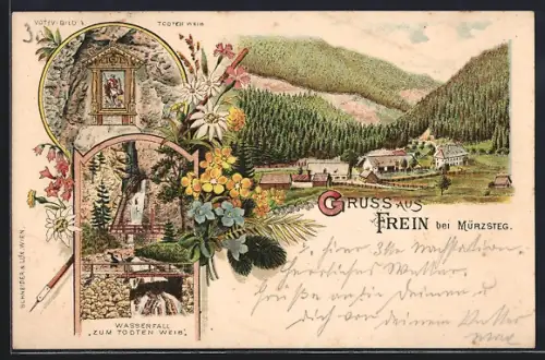 Lithographie Frein an der Mürz, Wasserfall zum toten Weib, Votivbild am toten Weib, Ortsansicht