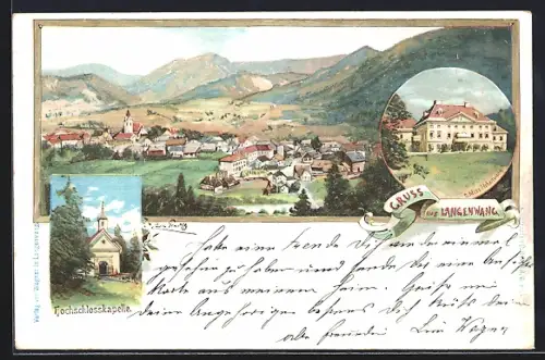 Lithographie Langenwang, Hochschlosskapelle, Schloss Hohenwang, Totalansicht