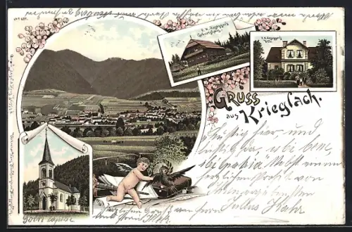 Lithographie Krieglach, P. K. Roseggers Geburtshaus und Villa, Kirche, Totalansicht
