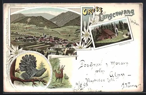 Lithographie Langenwang, Totalansicht, Hochschloss, Auerhahn