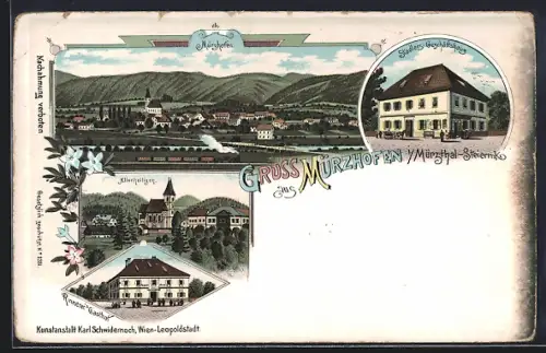 Lithographie Mürzhofen i. Mürzthal, Rinnerer`s Gasthof, Stadler`s Geschäftshaus und Totalansicht