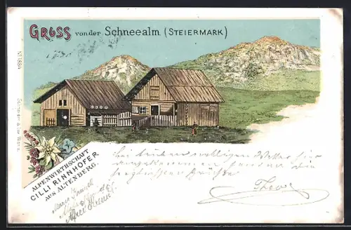 Lithographie Altenberg /Steiermark, Gasthaus von Cilli Rinnhofer, Berglandschaft