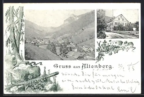 AK Altenberg an der Rax, Perl`s Gasthof und Totalansicht, Wald-Passepartout
