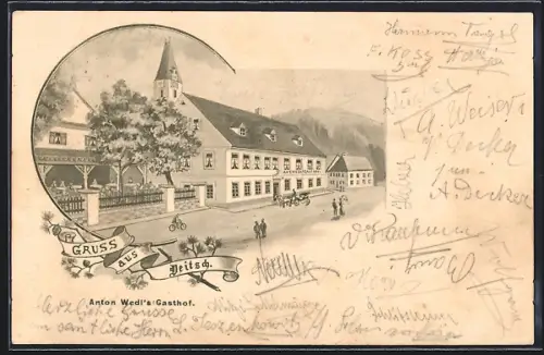AK Veitsch, Gasthof von Anton Wedl mit Passanten