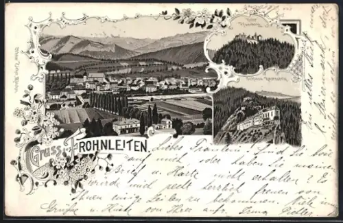 Lithographie Frohnleiten, Ruine Pfannberg, Schloss Rabenstein und Totalansicht