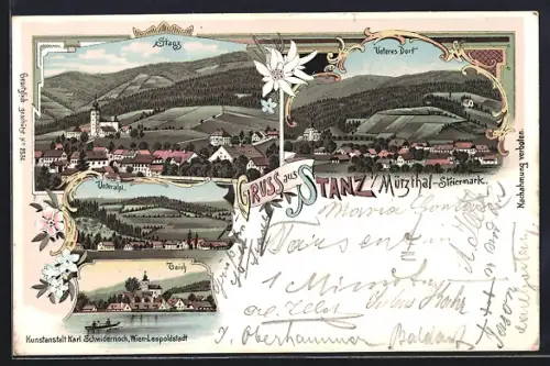 Lithographie Stanz i. Mürzthal, Teich, Unteralp und unteres Dorf