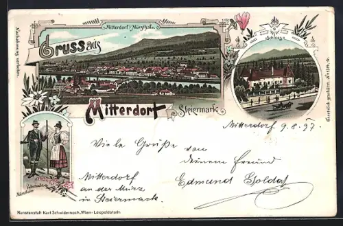 Lithographie Mitterdorf /Steiermark, Schloss, Totalansicht, Paar in Volkstracht