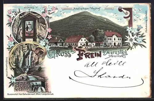 Lithographie Frein b. Mürzsteg, Adolf Mayer`s Gasthof, Wasserfall zum Todten Weib