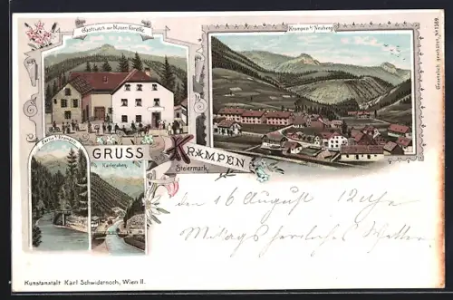 Lithographie Krampen b. Neuberg, Gasthaus zur blauen Forelle, Karlgraben und Totalansicht