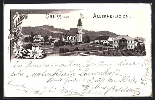 Lithographie Allerheiligen im Mürztal, Teilansicht mit Blick zur Kirche
