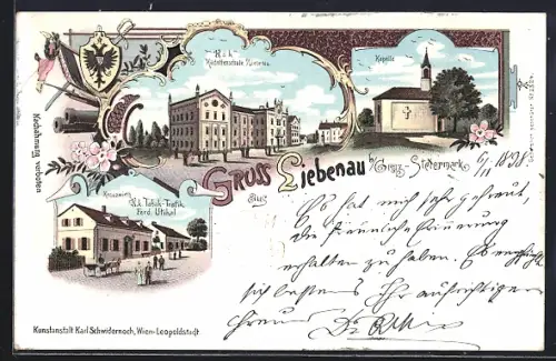 Lithographie Liebenau b. Graz, Tabak-Geschäft von Ferd. Utikal, K. u. k. Kadettenschule, Kapelle