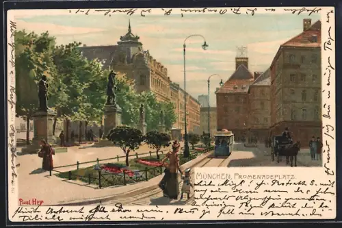 Künstler-Lithographie Paul Hey: München, Strassenbahn am Promenadenplatz