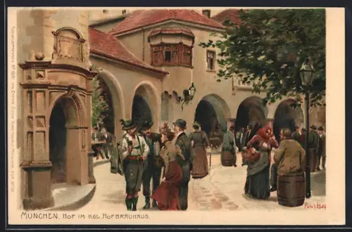 Künstler-Lithographie Paul Hey: München, Hof im kgl. Hofbräuhaus