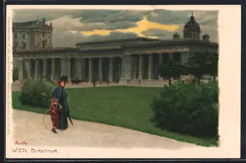 Künstler-Lithographie Paul Hey: Wien, Abendstimmung am Burgthor
