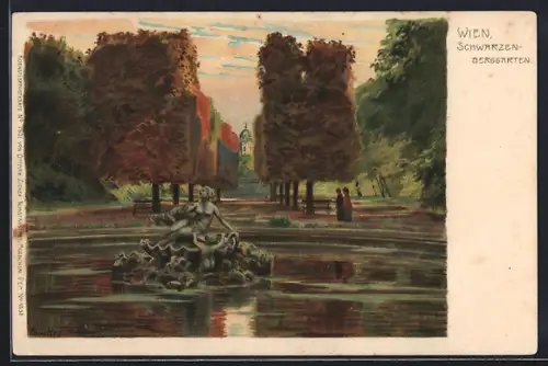 Künstler-Lithographie Paul Hey: Wien, Schwarzenberggarten mit Brunnen