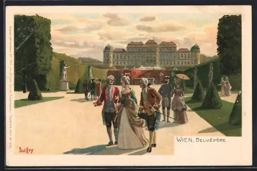 Künstler-Lithographie Paul Hey: Wien, Belvédère, Gartenanlage mit Spaziergängern