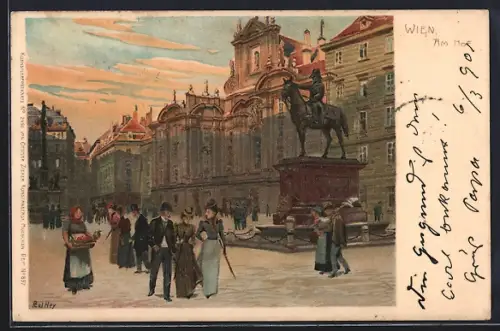 Künstler-Lithographie Paul Hey: Wien, Strassenpartie am Hof