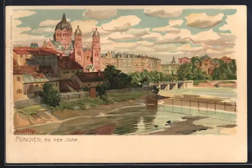 Künstler-Lithographie Paul Hey: München, Partie an der Isar