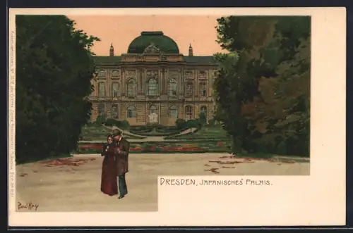 Künstler-Lithographie Paul Hey: Dresden, Japanisches Palais mit Spaziergängern