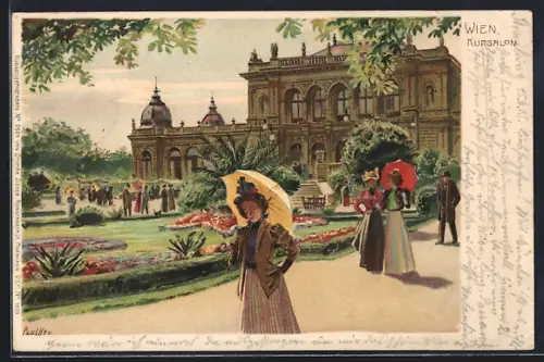 Künstler-Lithographie Paul Hey: Wien, der Kursalon mit Parkanlage und flanierenden Menschen