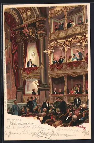 Künstler-Lithographie Paul Hey: München, Innenansicht des Residenztheaters