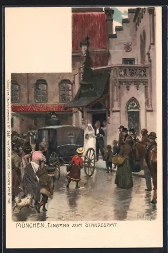 Künstler-Lithographie Paul Hey: München, Eingang zum Standesamt mit Brautpaar