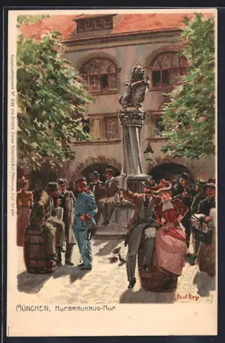 Künstler-Lithographie Paul Hey: München, Wirtshausleben im Hofbräuhaus