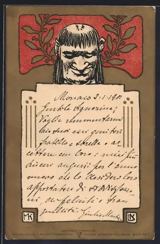 Künstler-AK sign. Leo Kainradl: Männerkopf mit Lorbeerkranz auf goldenem Hintergrund