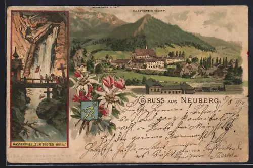 Vorläufer-Lithographie Neuberg, 1894, Wasserfall zum Todten Weib, Totalansicht mit Rabenstein