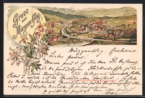 Vorläufer-Lithographie Mürzzuschlag, 1891, Ortsansicht aus der Vogelschau, Edelweiss